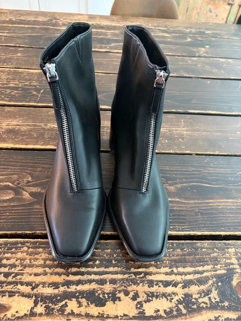 Front-Zip Black Square-Toe Leather Ankle Booties